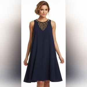 Lilly Pulitzer Navy Blue Embellished Neckline A-Line Trapeze Dress XS. Like new.